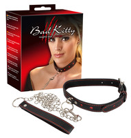Bondage, Kötözés, S/M - Nyakörvek, bilincsek: Bad Kitty - szíves nyakörv, fém pórázzal (fekete-piros) termék fotó, kép