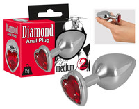 Popsi szex, anál szex - Dildó, vibrátor, butt-plug: Diamond - 85g-os alumínium anál dildó (ezüst-piros) termék fotó, kép